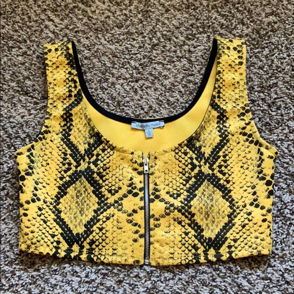 Yellow and black snake print zip down crop top